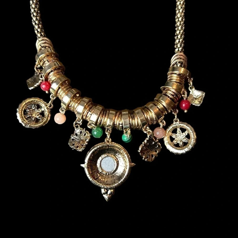 Gold Tone Necklace W/ Jewel Tone Beaded & Rhinestone Charms and Medallions - Picture 7 of 16